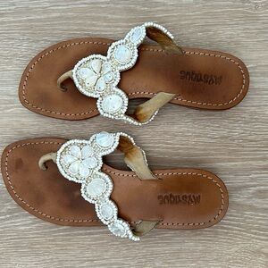 Mystique Boutique White and Tan Sandals with Circular Pattern
